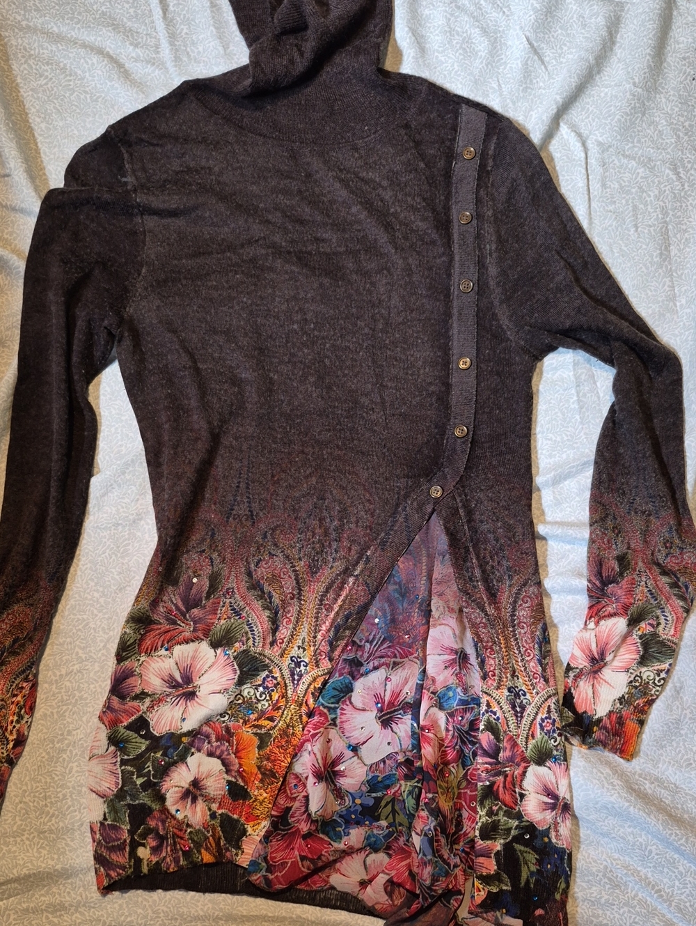 Desigual Dark Brown Floral-Print Button-Accent Turtleneck Sweater